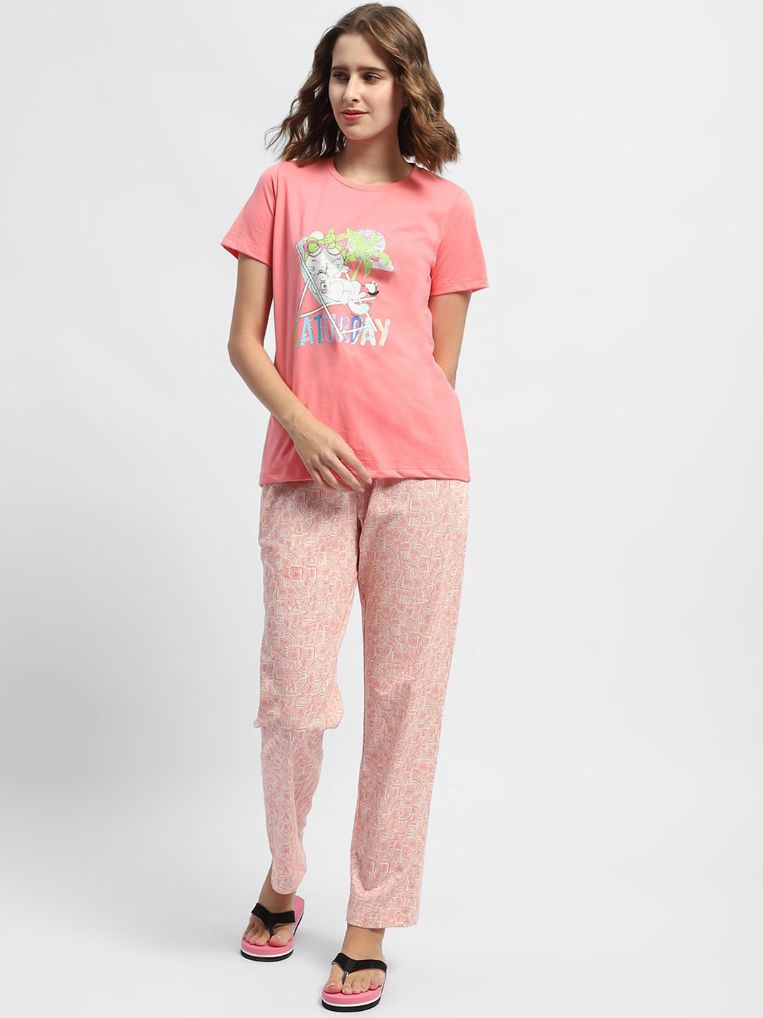 

MADAME M SECRET Printed Round Neck T-shirt With Pyjamas, Coral