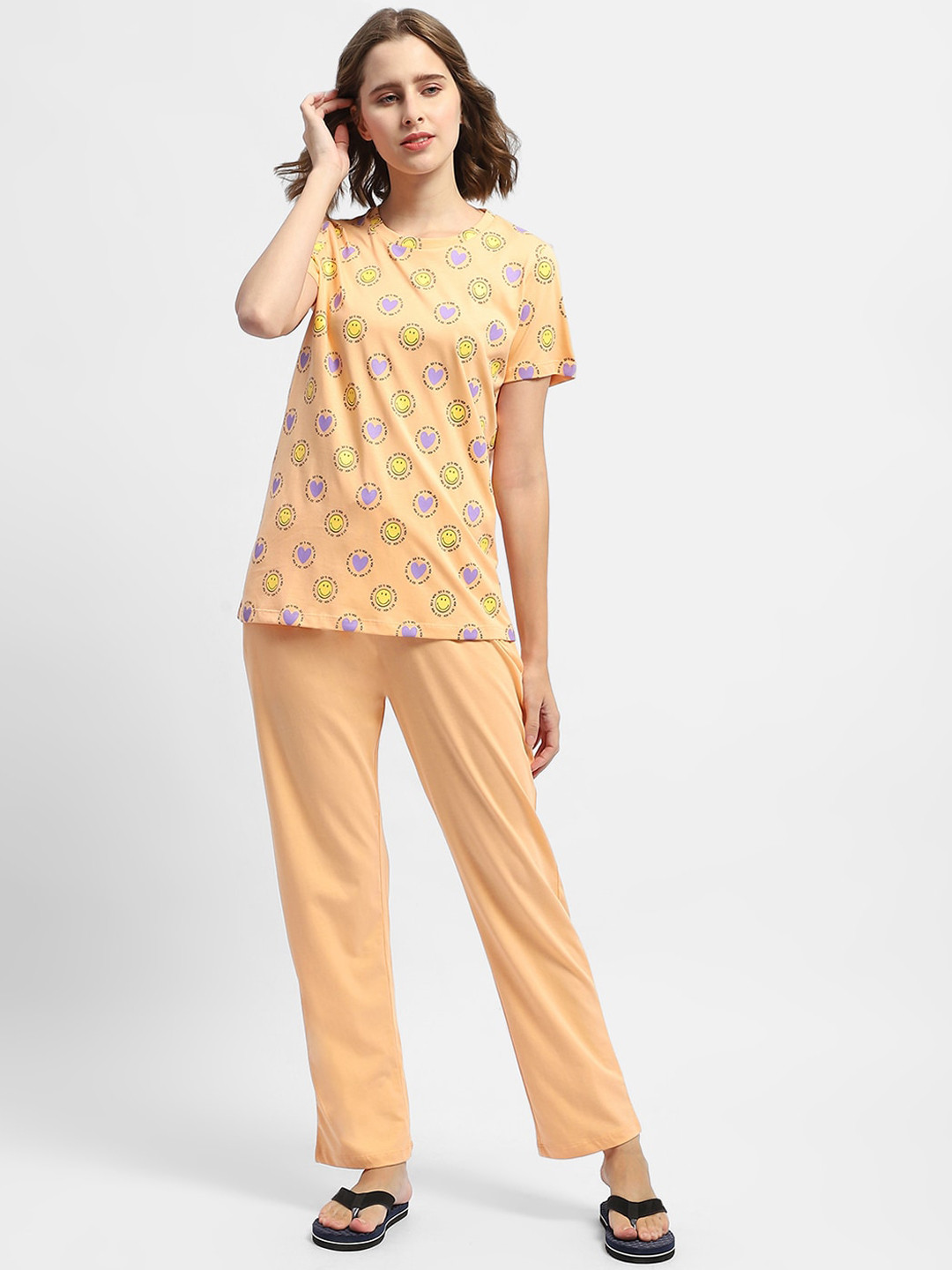 

MADAME M SECRET Conversational Printed Pure Cotton T-shirt With Pyjamas, Orange