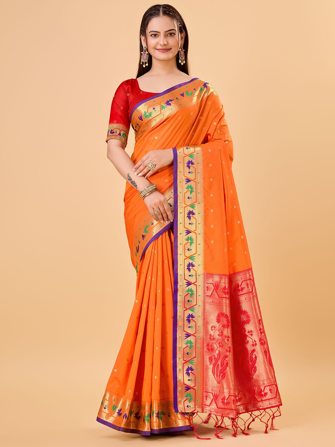 

bansari textiles Ethnic Motifs Woven Design Zari Banarasi Saree, Orange