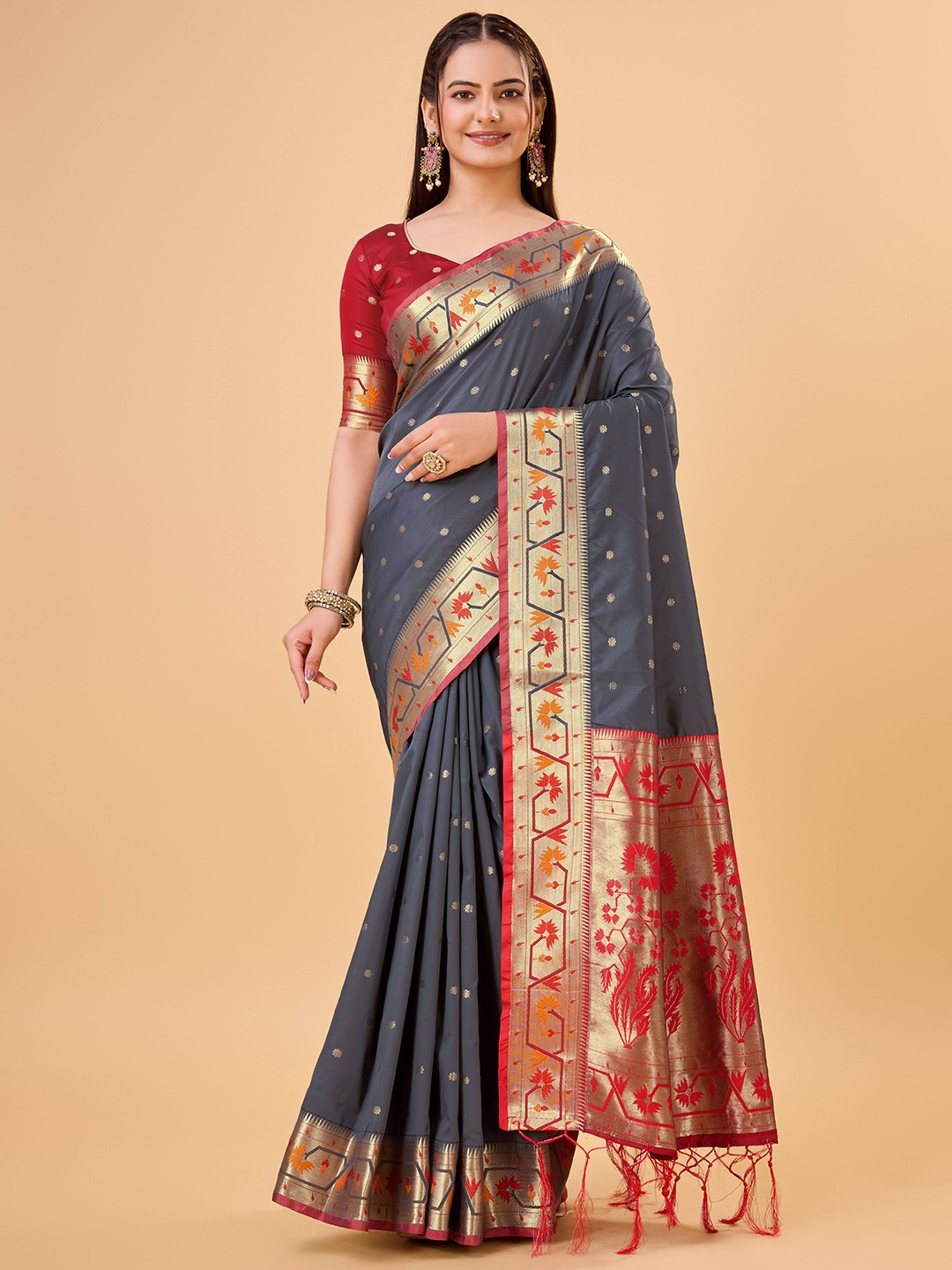 bansari textiles Ethnic Motifs Woven Design Zari Banarasi Saree, Grey