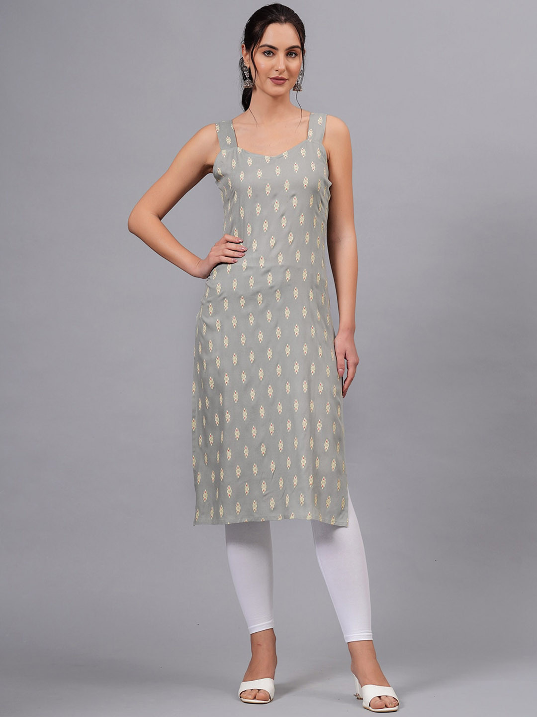 

JC4U Geometric Printed Round Neck Straight Kurta, Grey