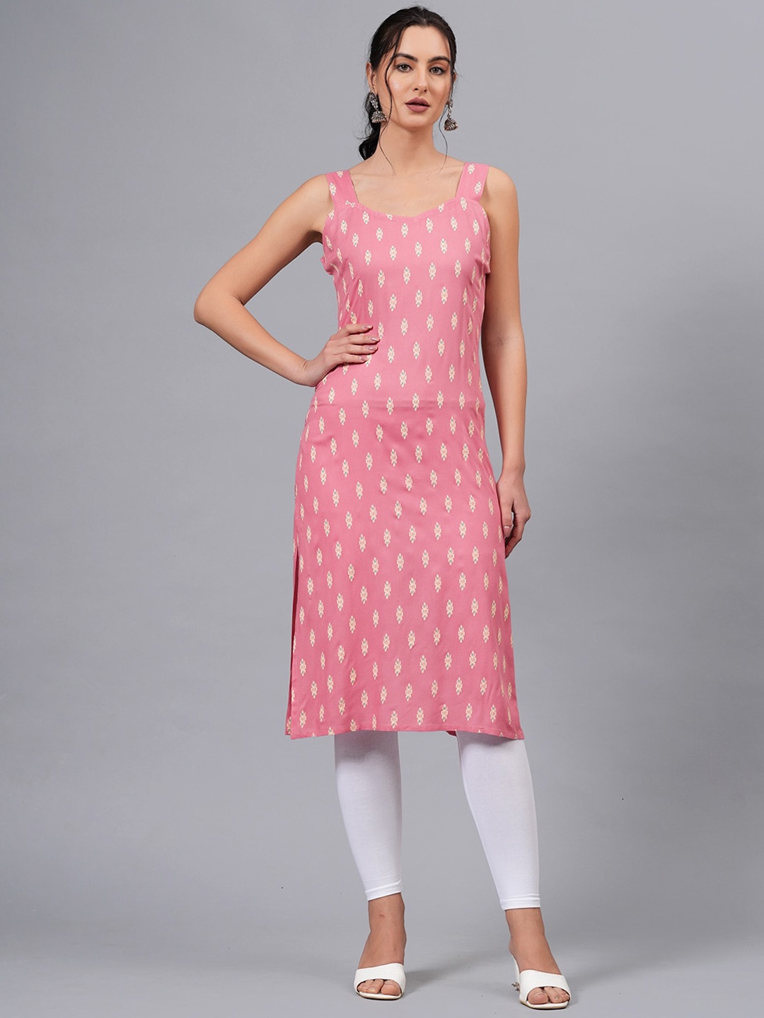 

JC4U Geometric Printed Round Neck Straight Kurta, Pink
