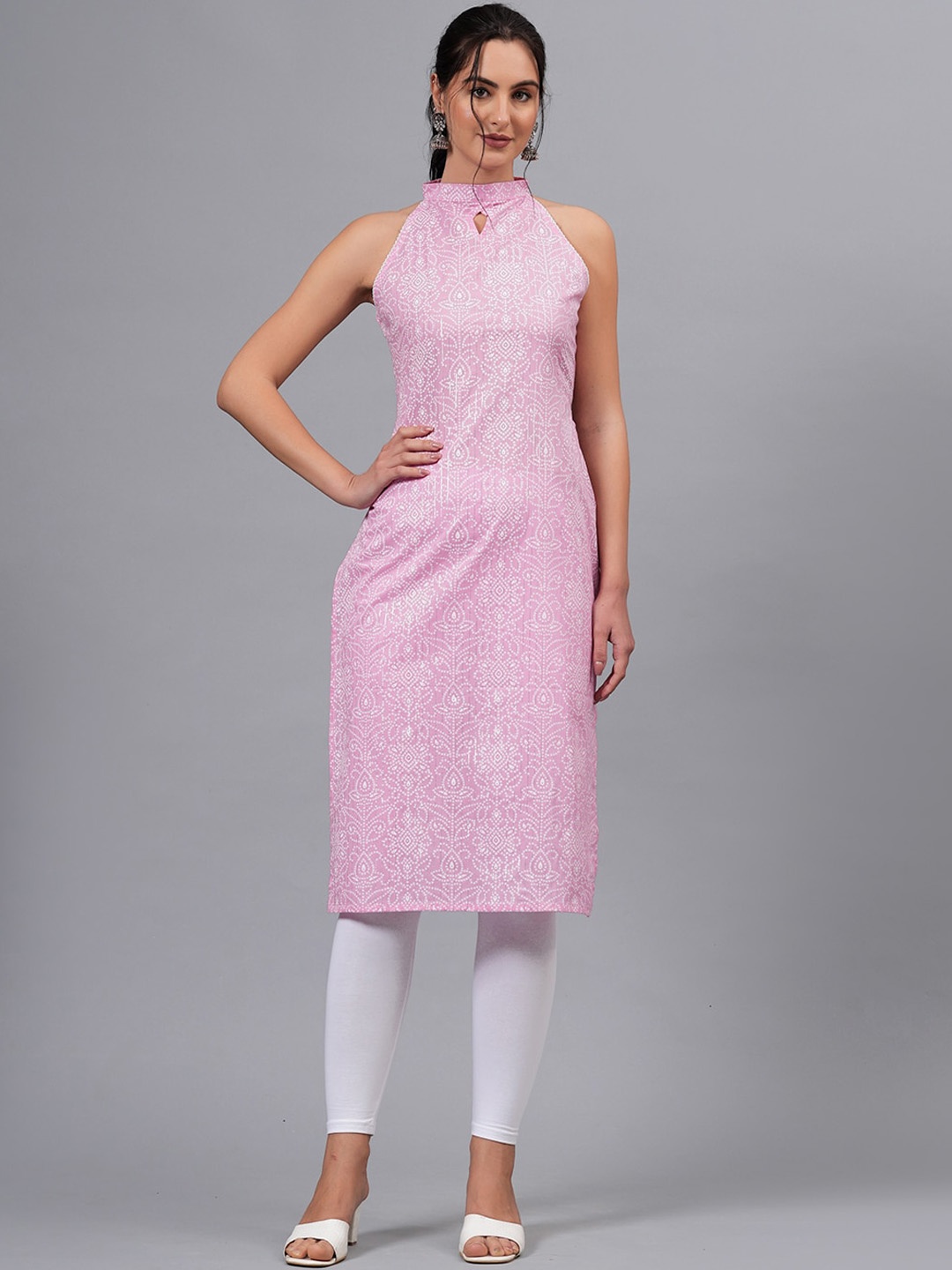 

JC4U Geometric Printed Thread Work Halter Neck Straight Kurta, Pink