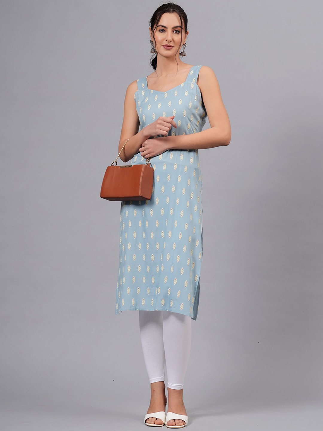 JC4U Geometric Printed Round Neck Straight Kurta, Brown