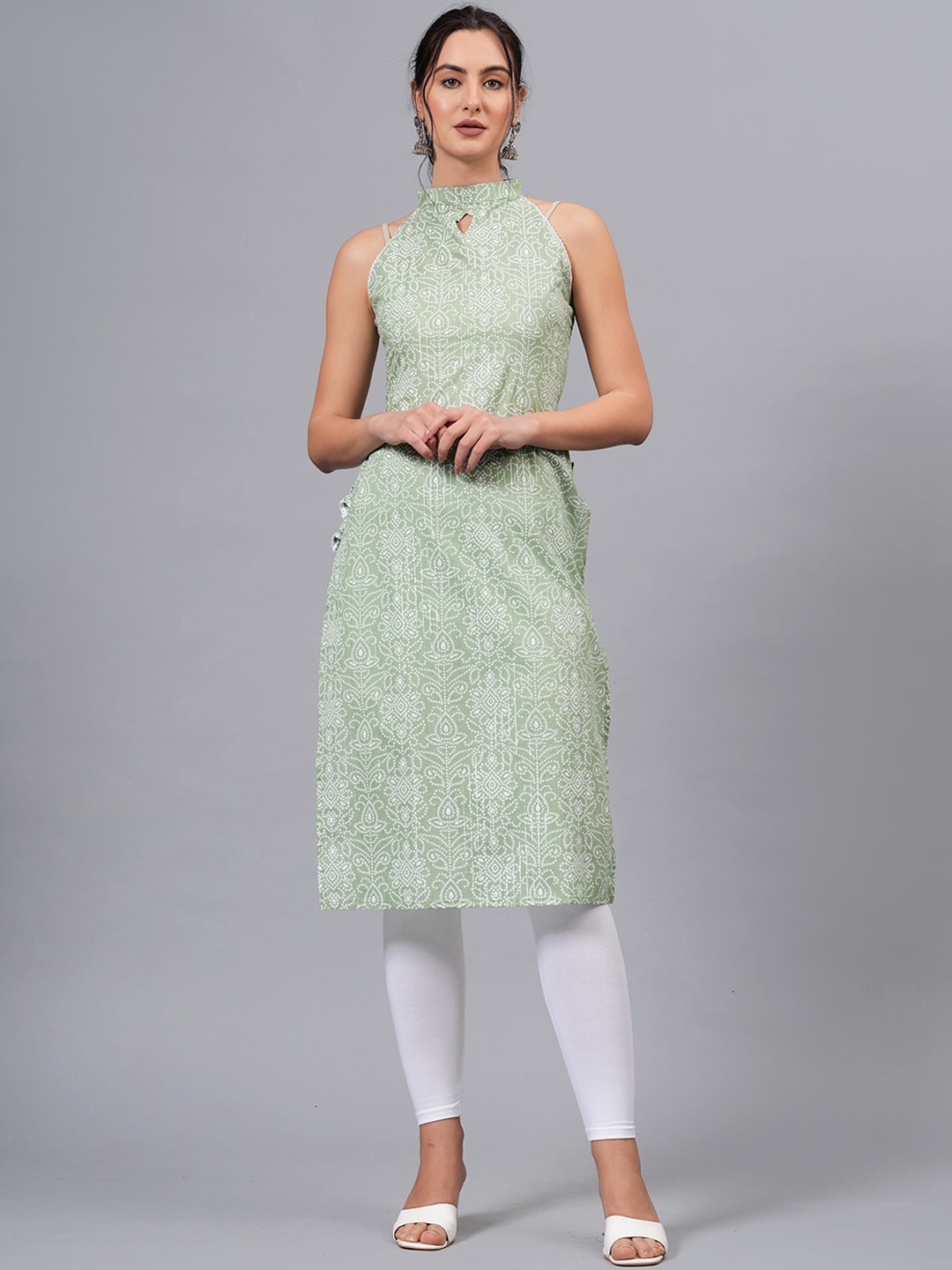 

JC4U Geometric Printed Halter Neck Thread Work Straight Kurta, Green
