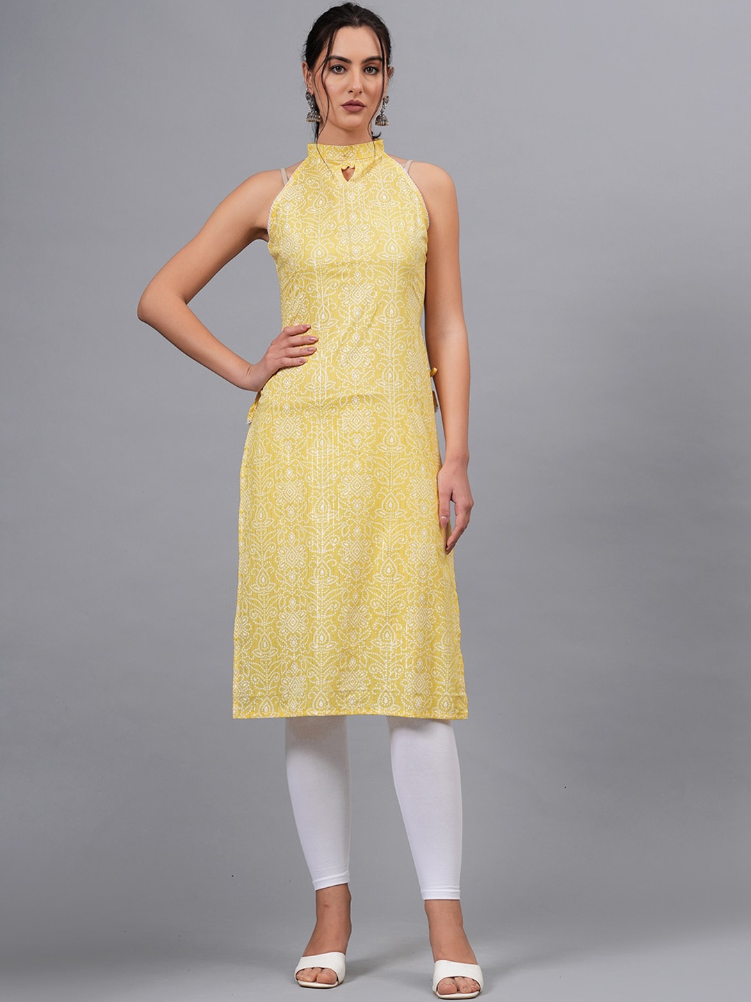 

JC4U Geometric Printed Thread Work Halter Neck Straight Kurta, Yellow