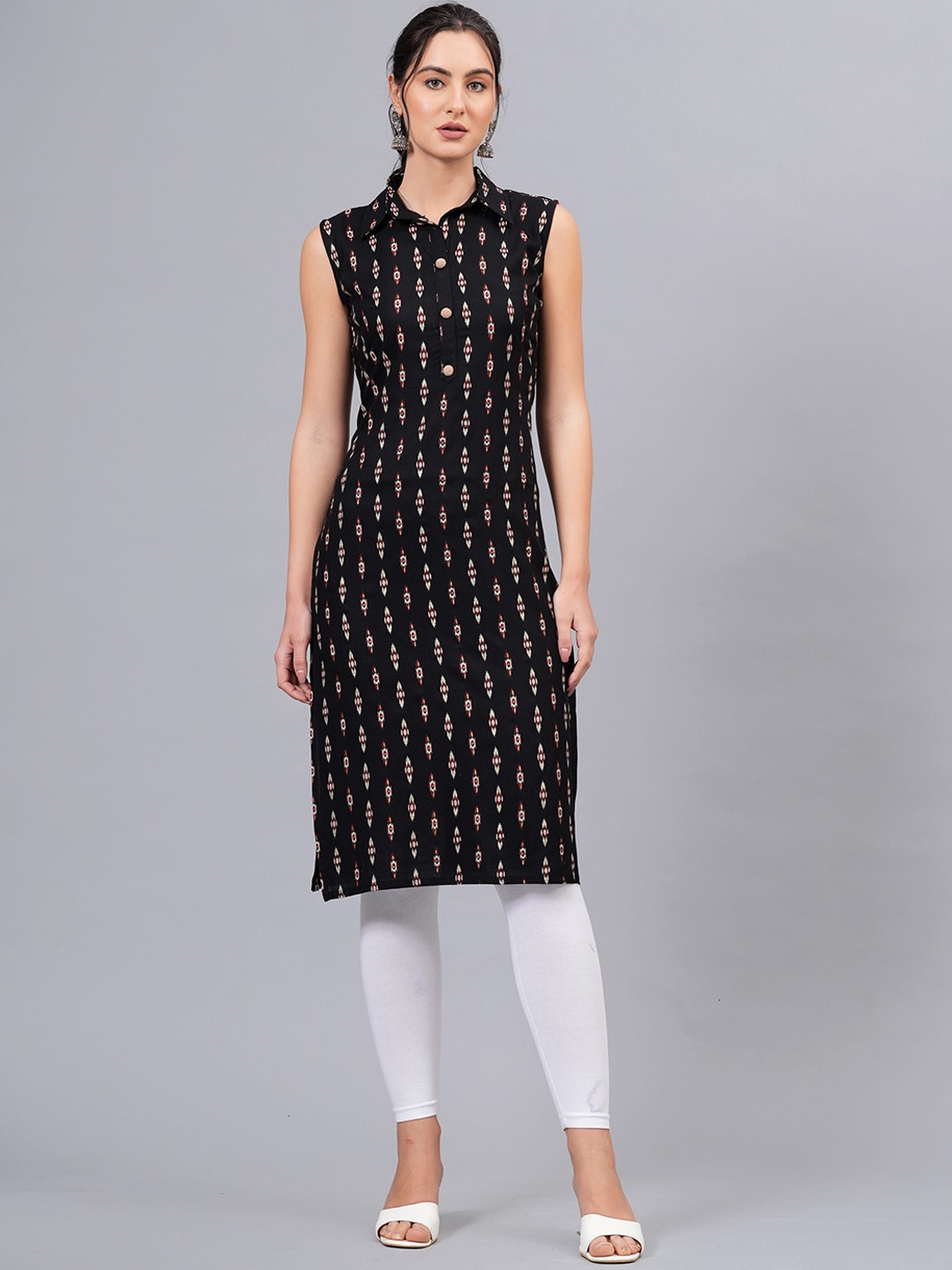 

JC4U Ethnic Motifs Printed Shirt Collar Straight Kurta, Black