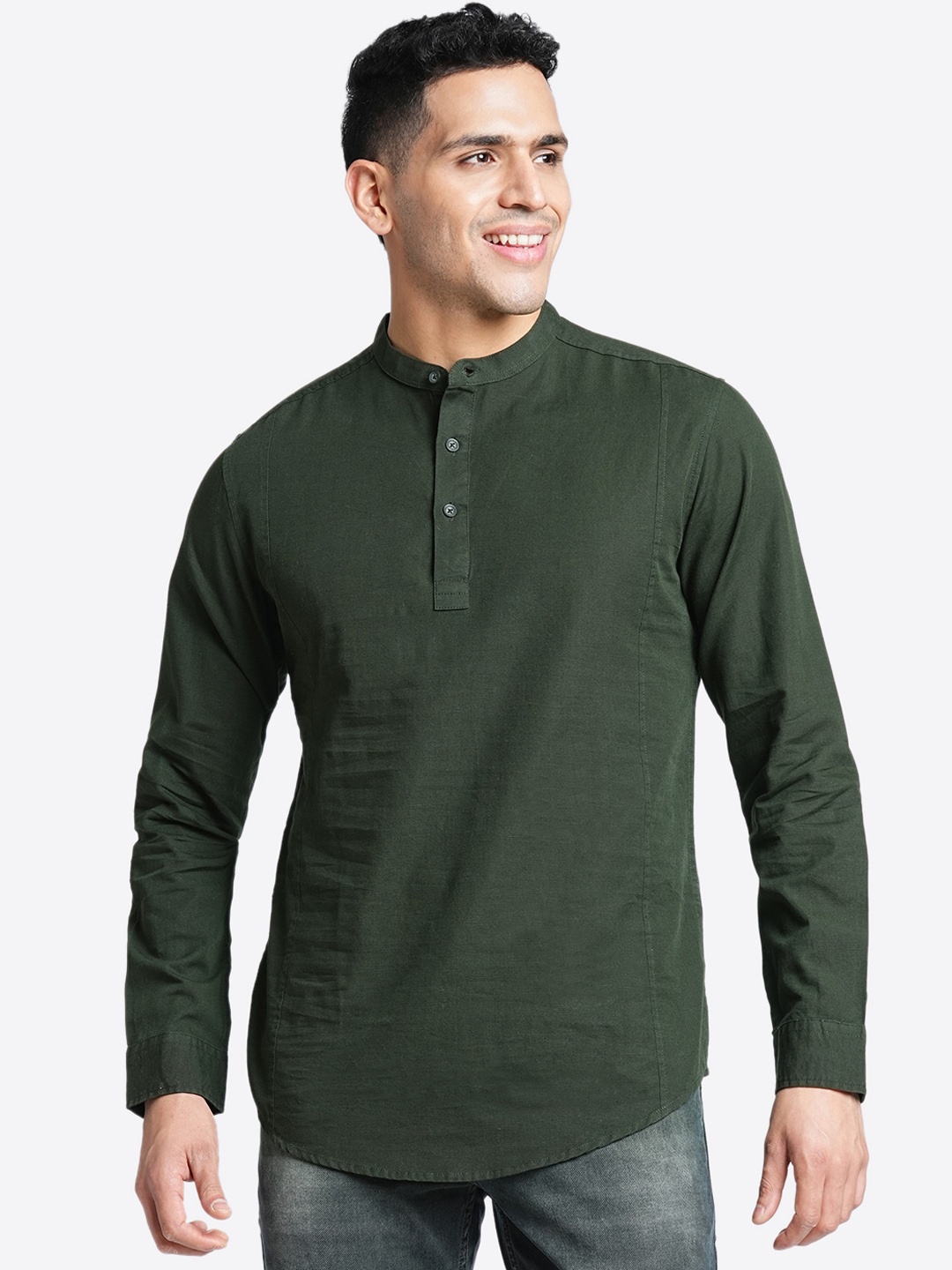 

Blue Buddha Thread Work Cotton Mandarin Collar Long Sleeves Straight Kurta, Green