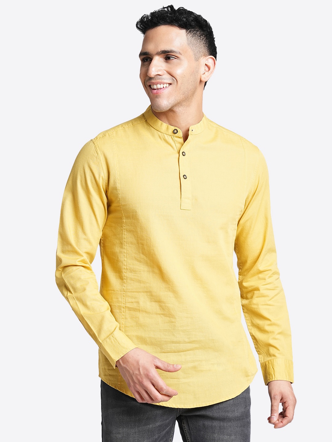 

Blue Buddha Mandarin Collar Regular Sleeves Straight Cotton Kurta, Mustard