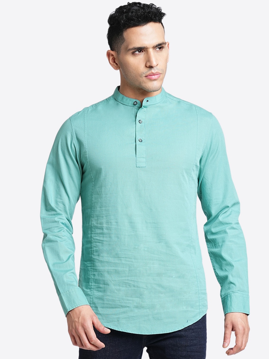 

Blue Buddha Thread Work Cotton Mandarin Collar Long Sleeves Straight Kurta