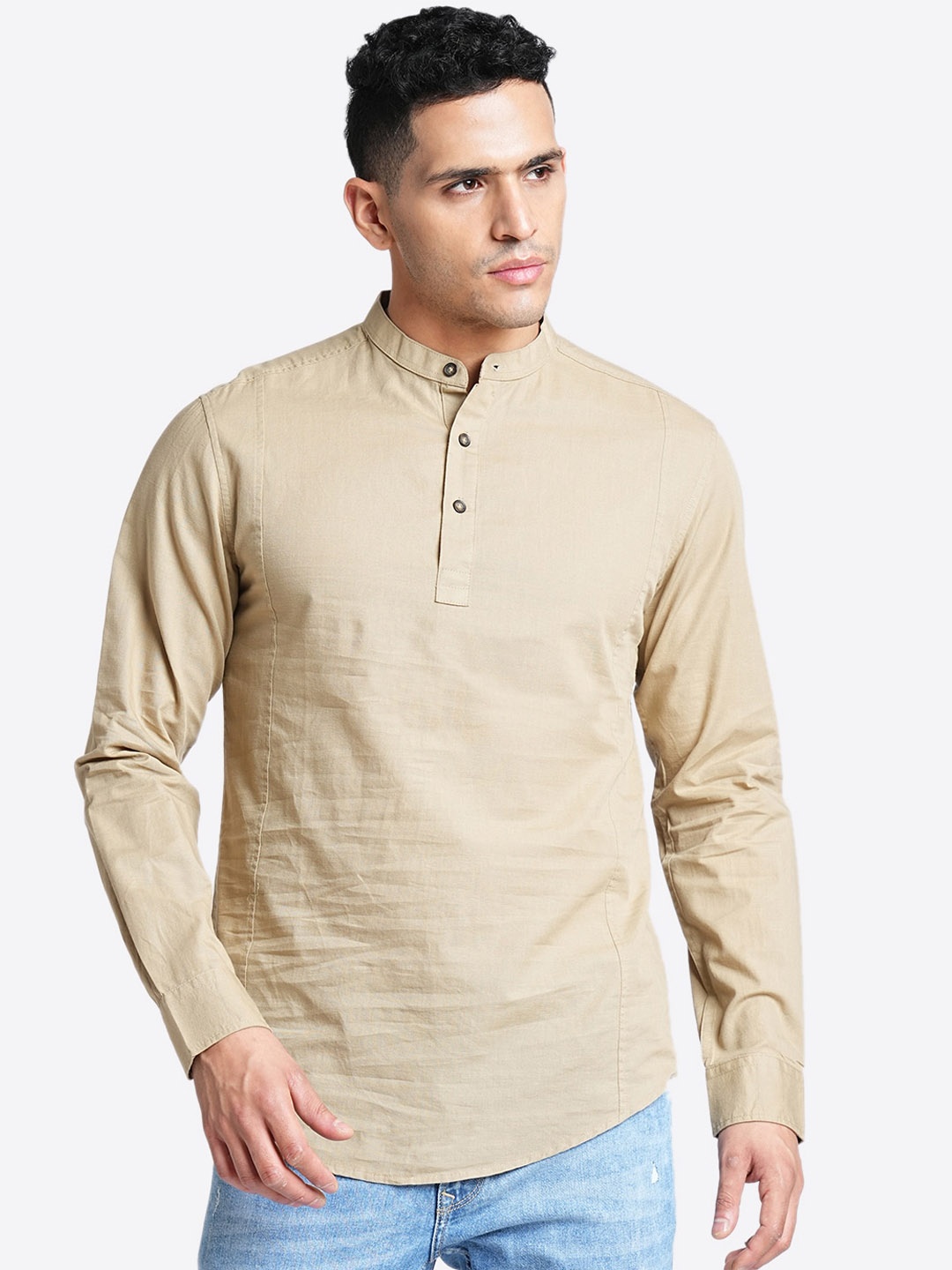 

Blue Buddha Woven Design Thread Work Cotton Mandarin Collar Long Sleeves Straight Kurta, Cream