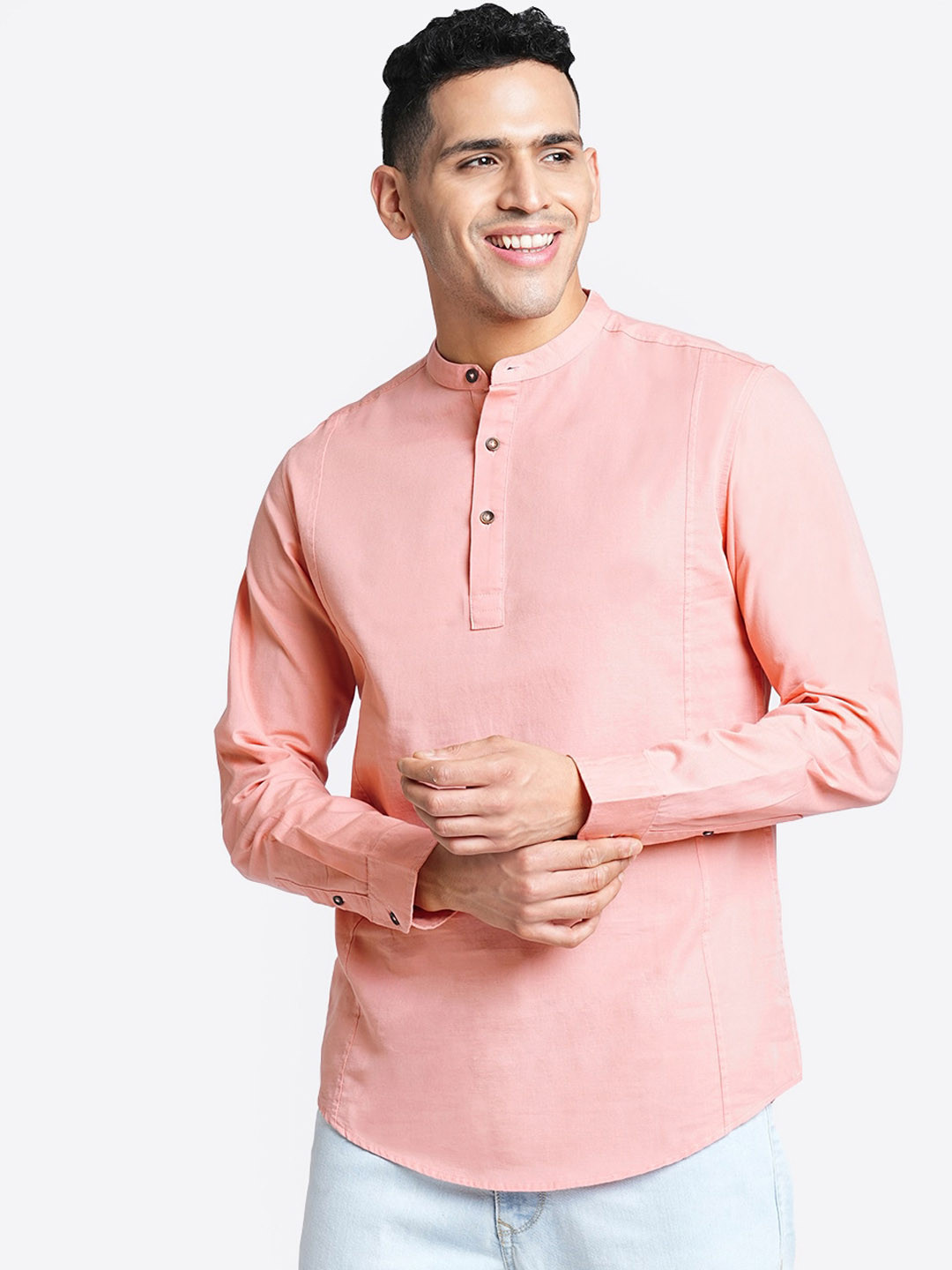 

Blue Buddha Woven Design Thread Work Cotton Mandarin Collar Long Sleeves Straight Kurta, Pink