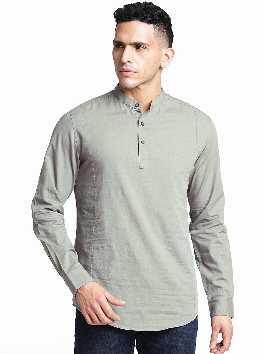

Blue Buddha Thread Work Cotton Mandarin Collar Long Sleeves Straight Kurta, Grey
