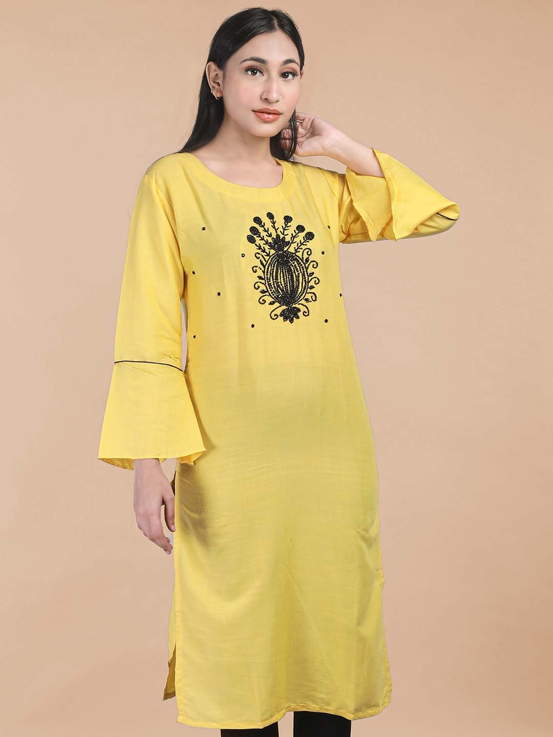 

MAAHI FABS Floral Embroidered Pure Cotton Straight Kurta, Yellow