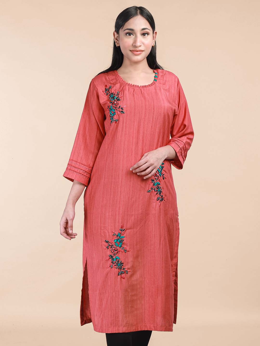

MAAHI FABS Floral Embroidered Pure Cotton Straight Kurta, Peach