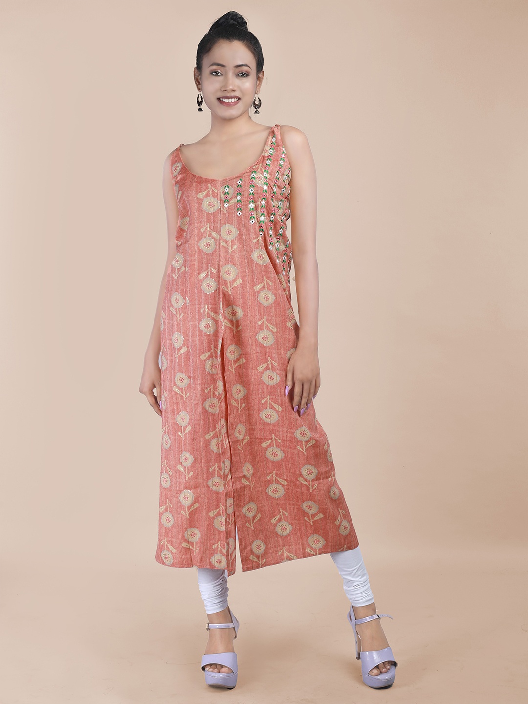 

MAAHI FABS Floral Printed Thread Work Pure Cotton Straight Kurta, Peach