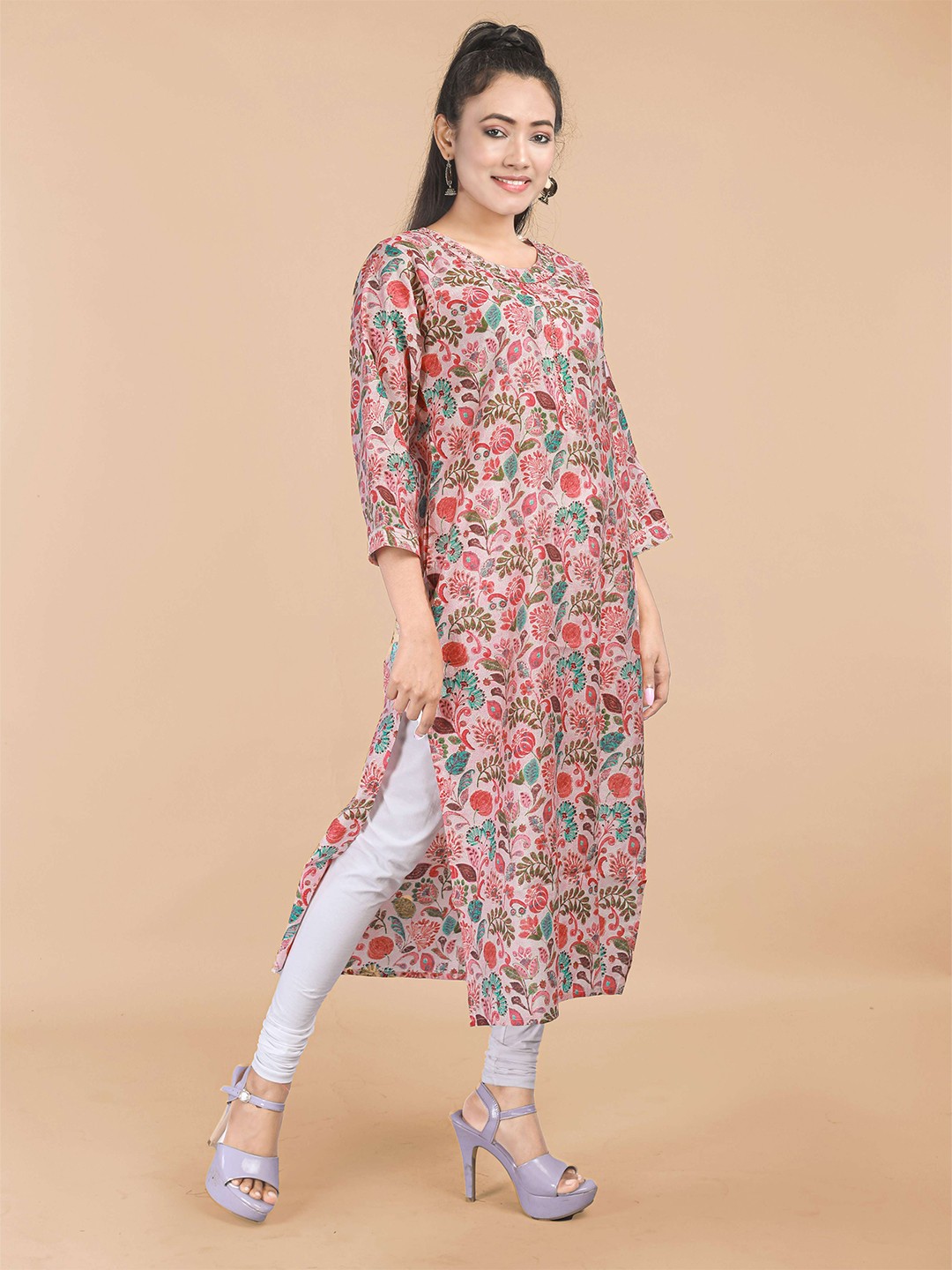

MAAHI FABS Floral Digital Printed Straight Pure Cotton Kurta, Beige