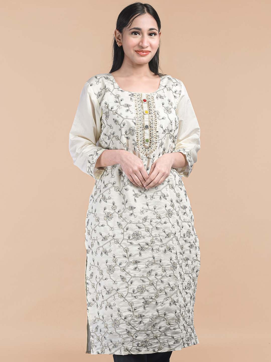 MAAHI FABS Floral Embroidered Kantha Work Straight Cotton Kurta, Off white
