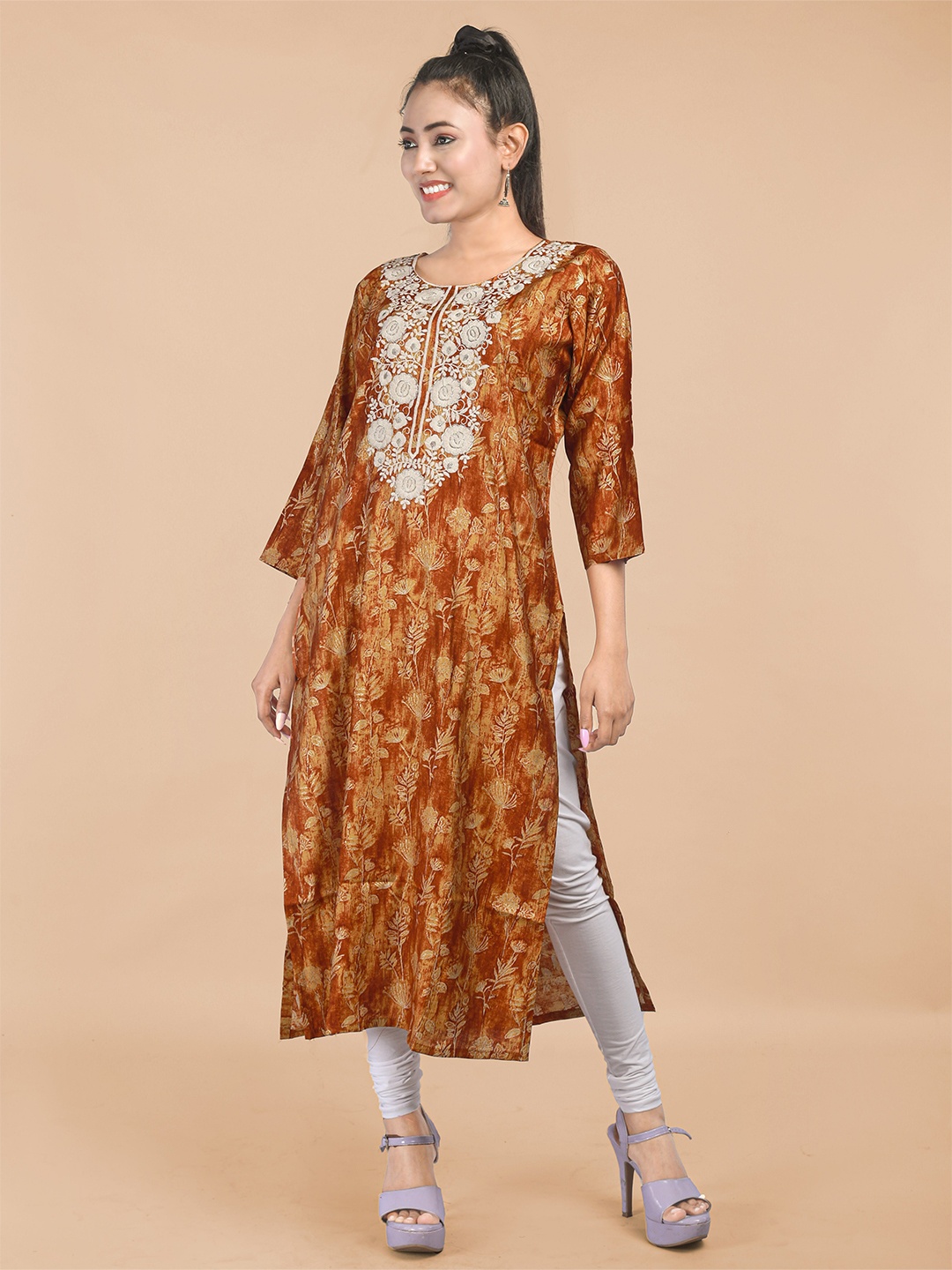 

MAAHI FABS Abstract Printed Thread Work Pure Cotton Straight Kurta, Mustard
