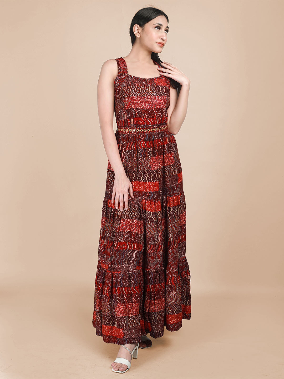 MAAHI FABS Bandhani Printed Mirror Work Anarkali Pure Cotton Kurta, Maroon