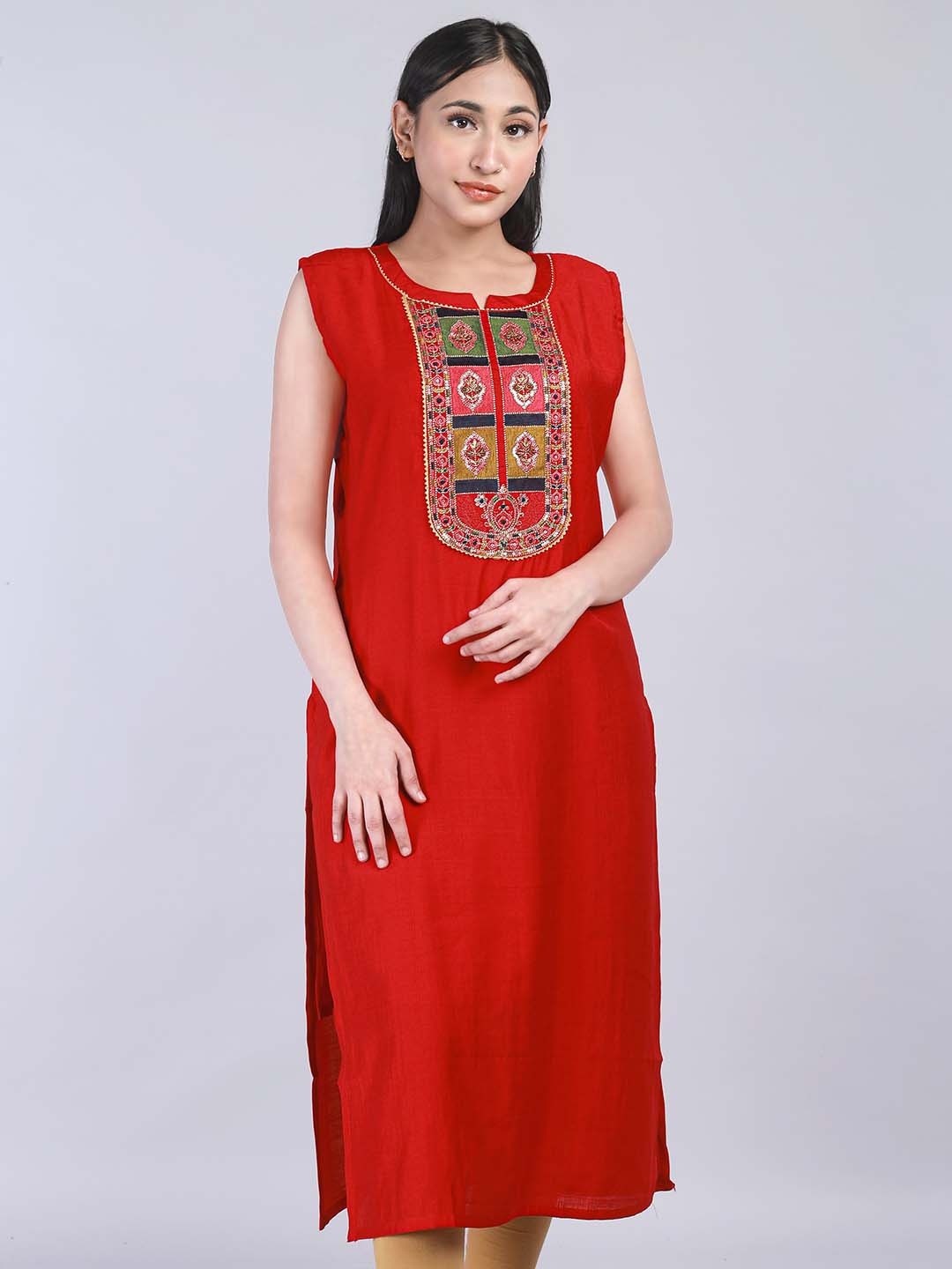 

MAAHI FABS Yoke Design Thread Work Straight Cotton Kurta, Red