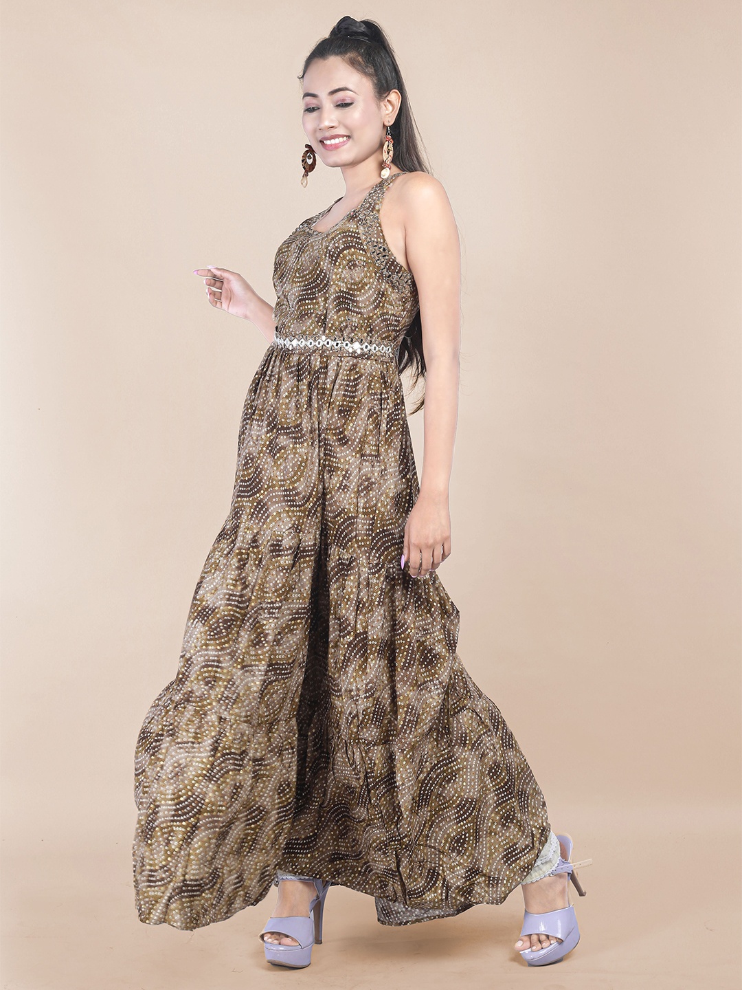 

MAAHI FABS Bandhani Printed Pure Cotton Fit & Flared Maxi Dress, Brown