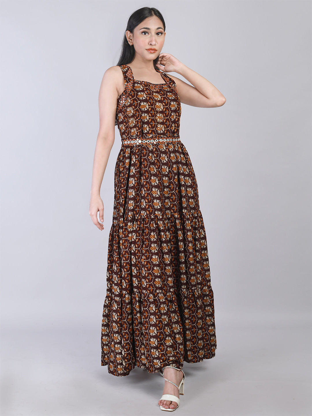 

MAAHI FABS Printed Pure Cotton Fit & Flared Maxi Dress, Brown