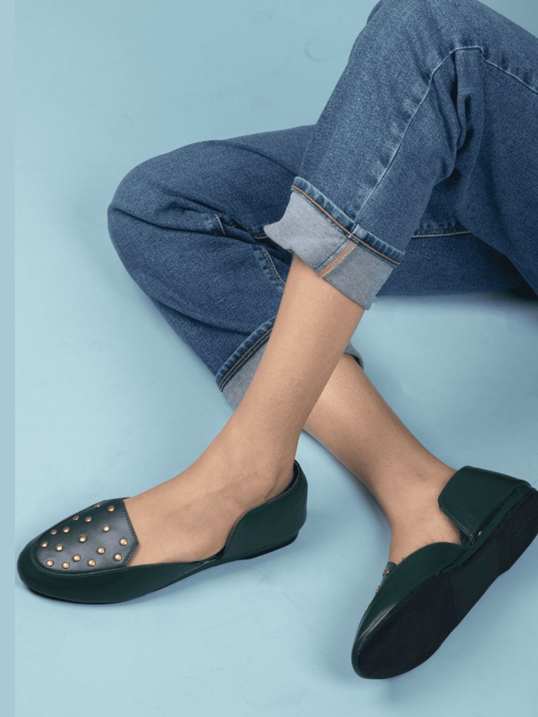 

RIVR Pointed Toe Ballerinas With Studded Detail, Green