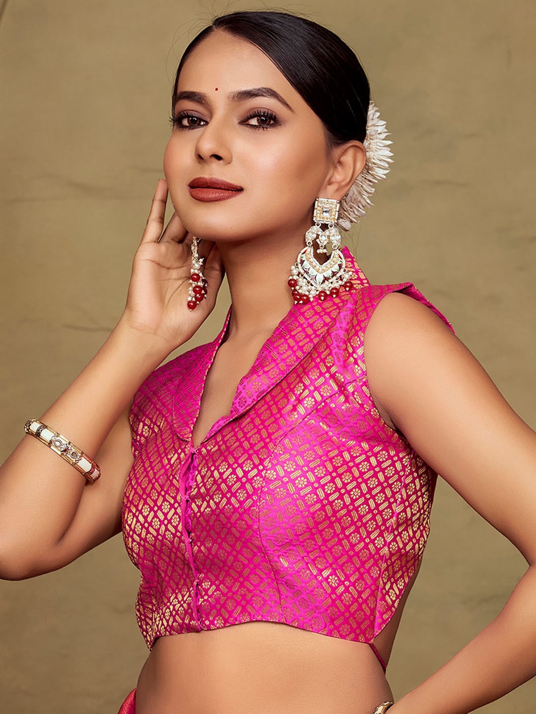 Vardha Brocade Collar Neck Padded Saree Blouse, Pink