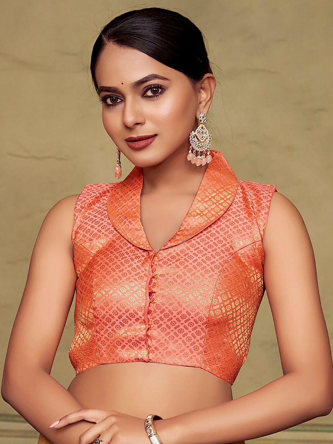 

Vardha Brocade Collar Neck Padded Saree Blouse, Peach