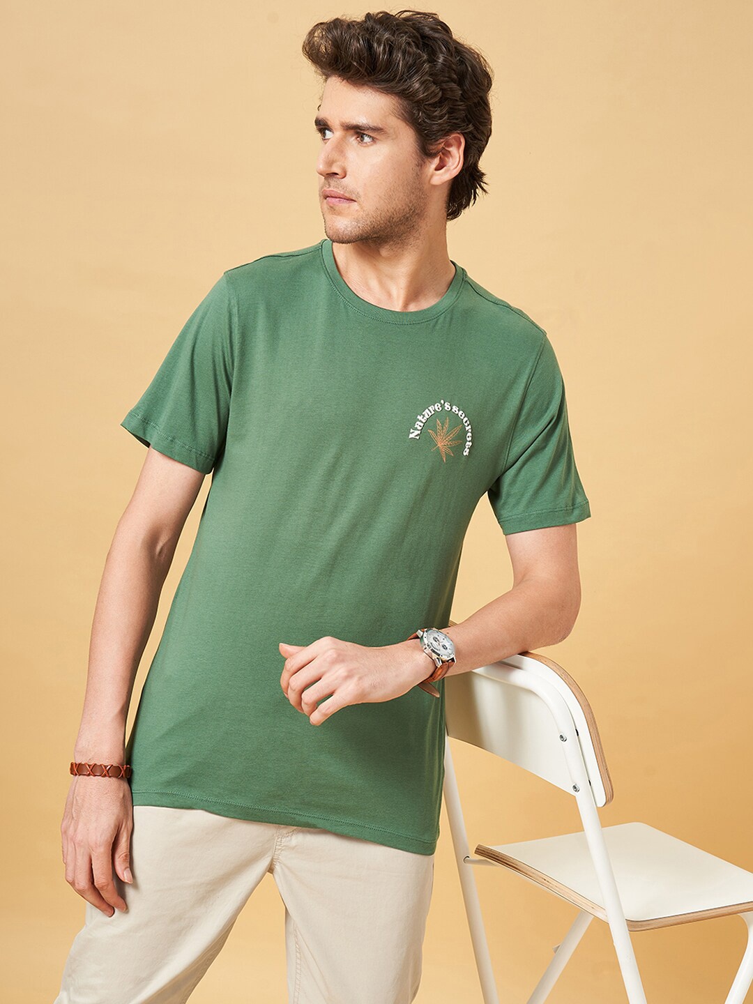 Urban Ranger by pantaloons Round Neck Slim Fit Cotton T-shirt, Olive