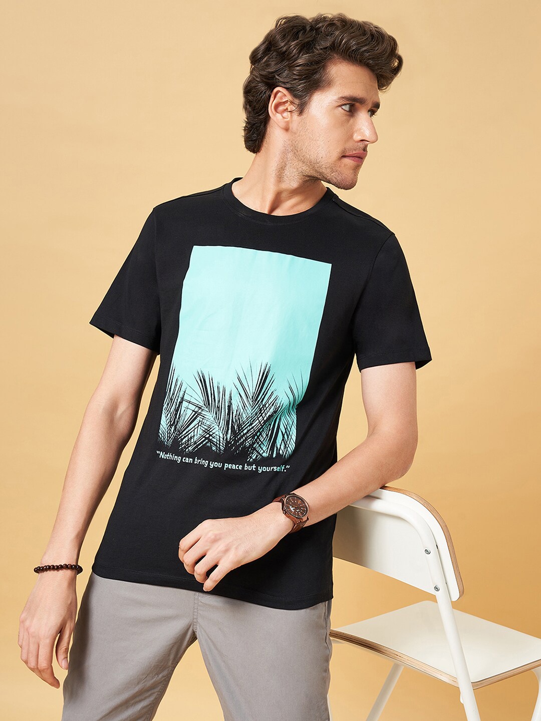 

Urban Ranger by pantaloons Typography Printed Round Neck Slim Fit Cotton T-shirt, Black