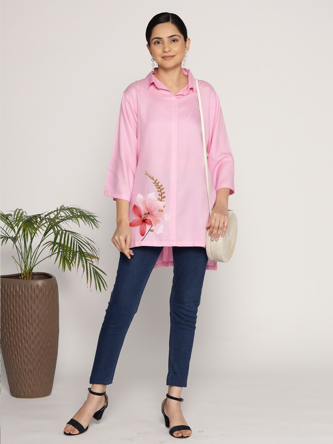

LetsDressUp Floral Printed Shirt Collar Tunics, Pink