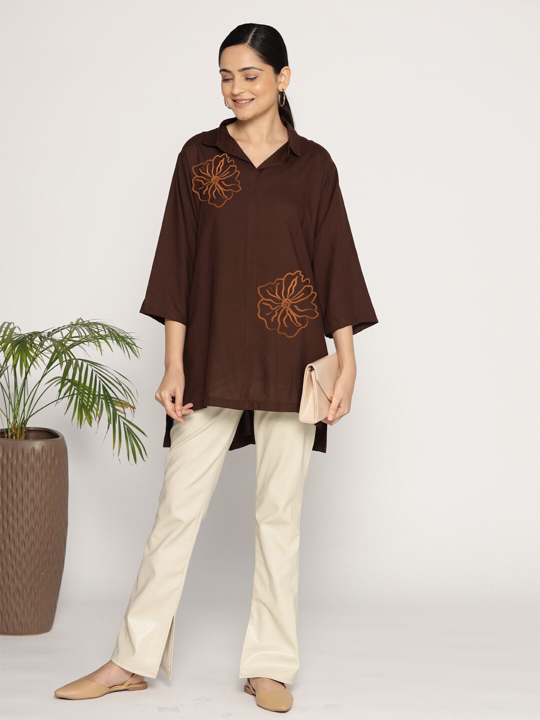 

LetsDressUp Geometric Printed Shirt Collar Tunics, Coffee brown