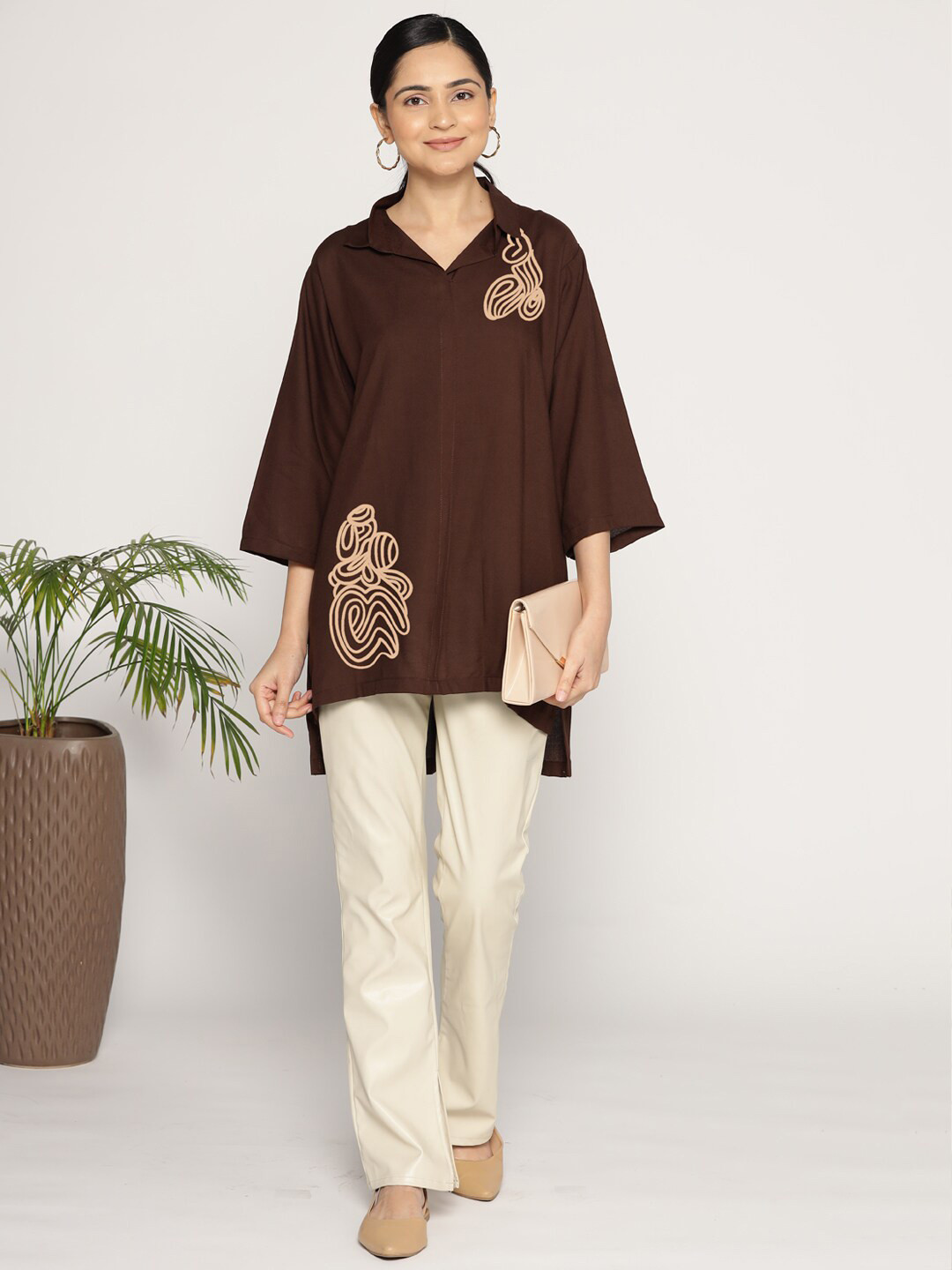 

LetsDressUp Floral Printed Shirt Collar Tunics, Coffee brown