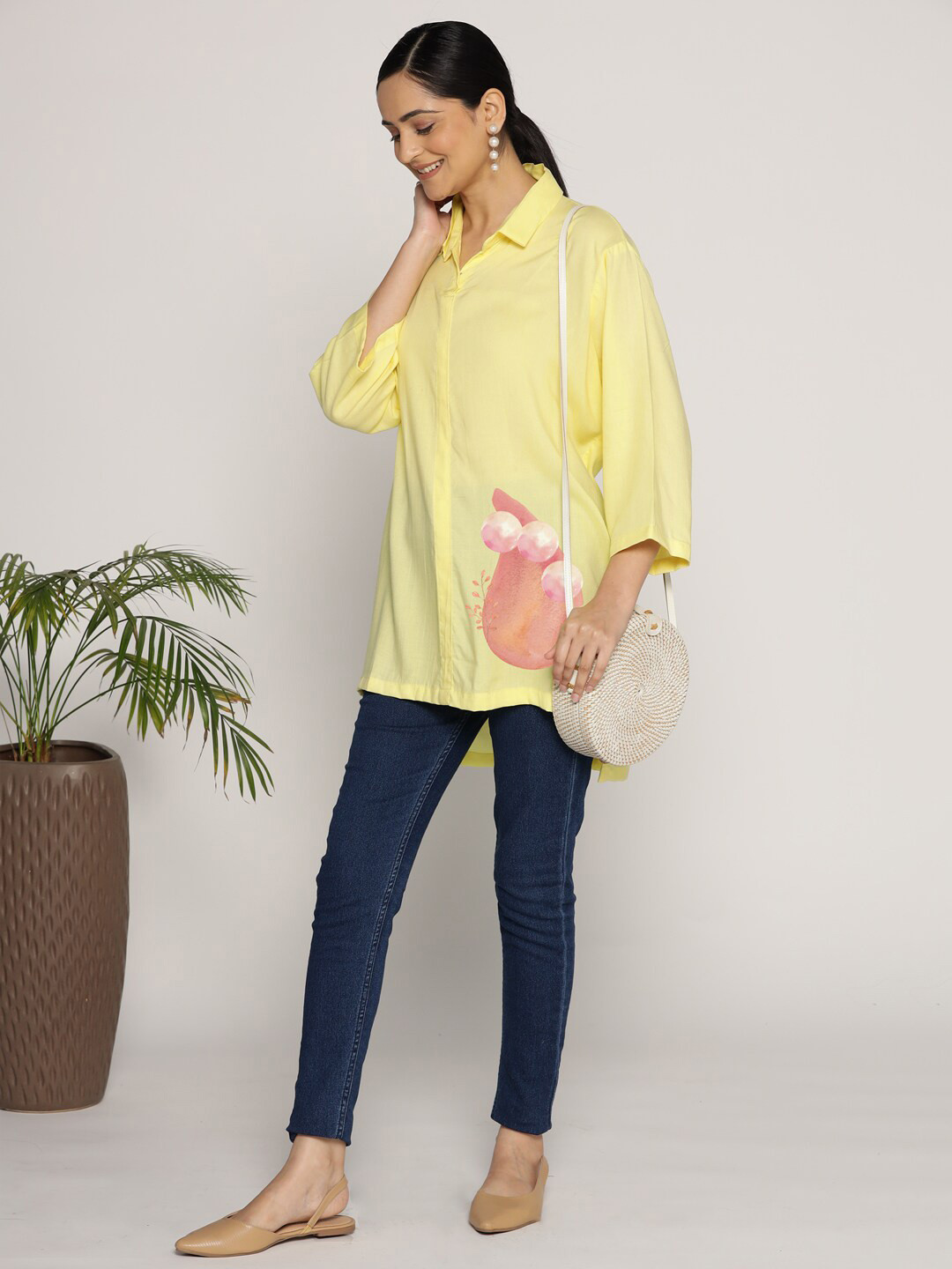

LetsDressUp Shirt Collar Three-Quarter Sleeves Opaque Top, Yellow