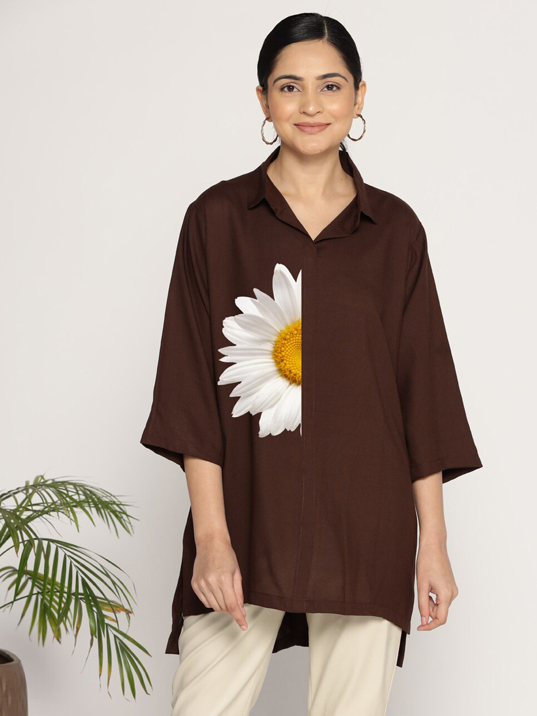 

LetsDressUp Floral Printed Extended Sleeves Shirt Style Top, Coffee brown
