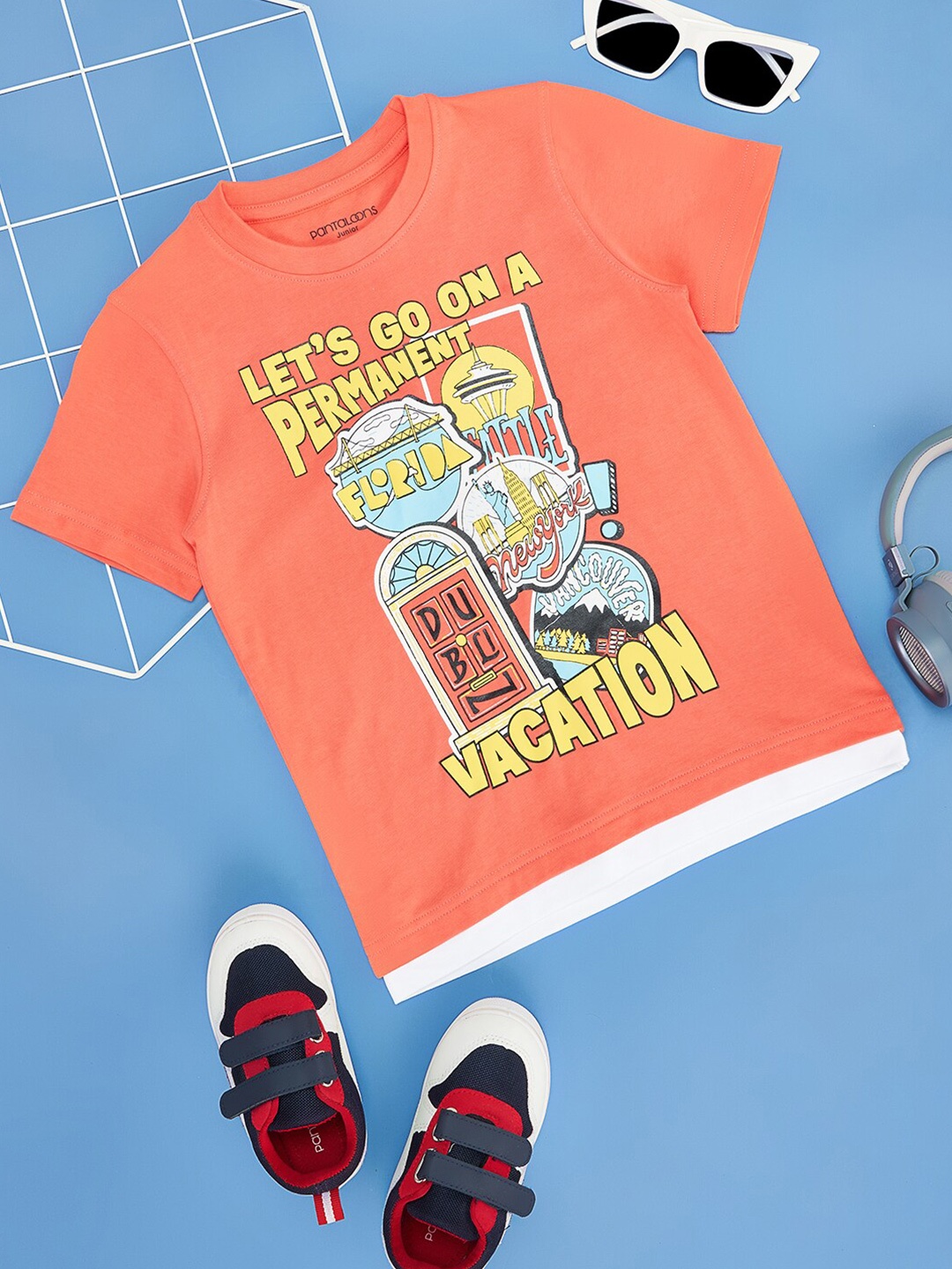 

Pantaloons Junior Boys Graphic Printed Round Neck Cotton T-shirt, Coral