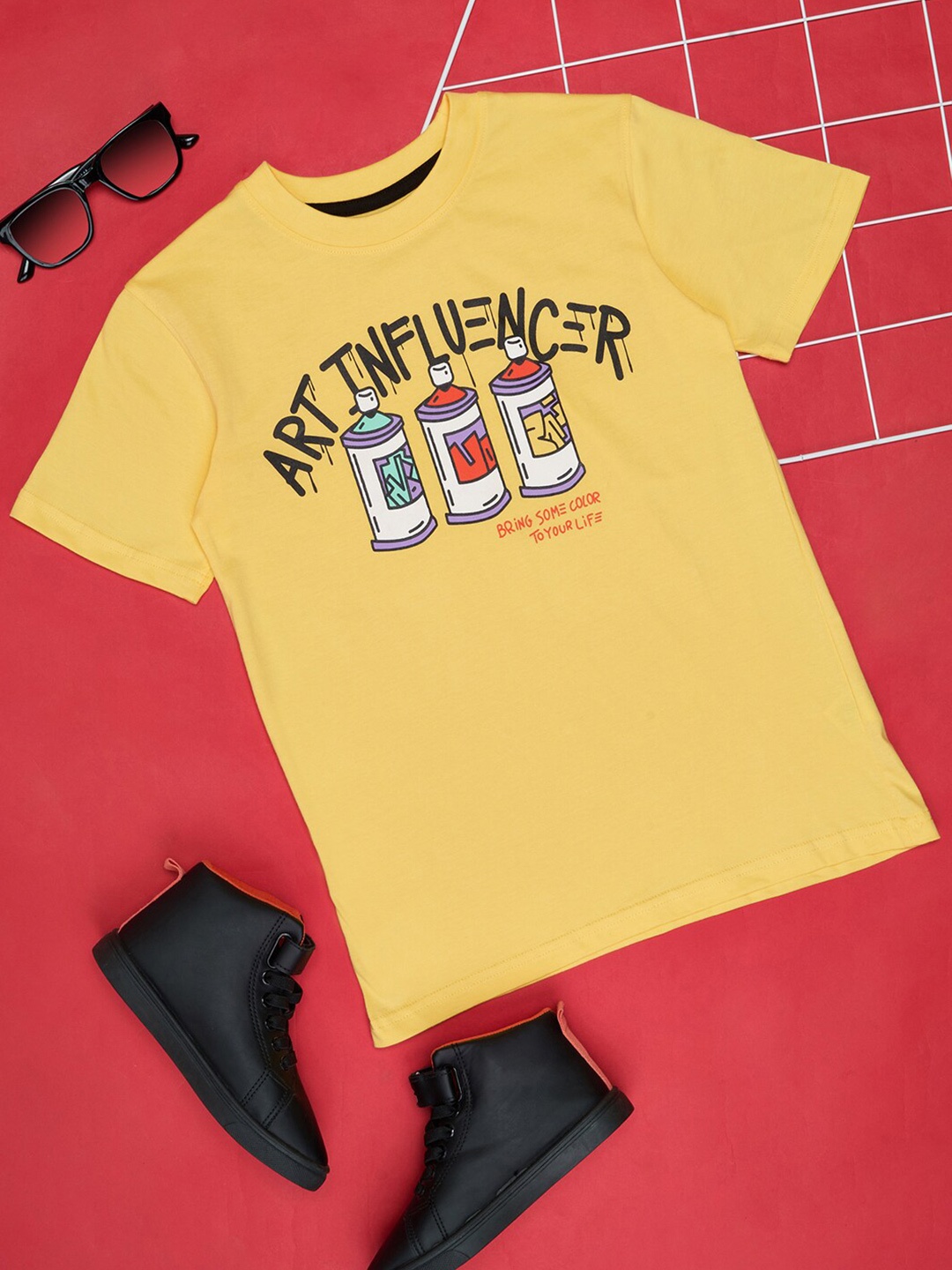 Pantaloons Junior Boys Typography Printed Cotton T-shirt, Yellow
