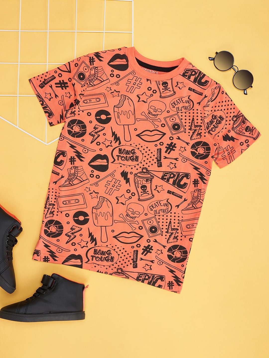 

Pantaloons Junior Boys Conversational Printed Cotton T-shirt, Coral
