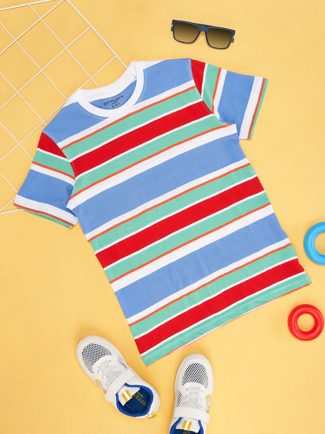 Pantaloons Junior Boys Striped Round Neck Cotton T-shirt, Blue