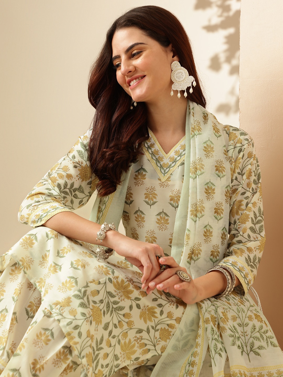 Anouk Floral Printed V-Neck Straight Kurta with Trouser & Dupatta, Yellow