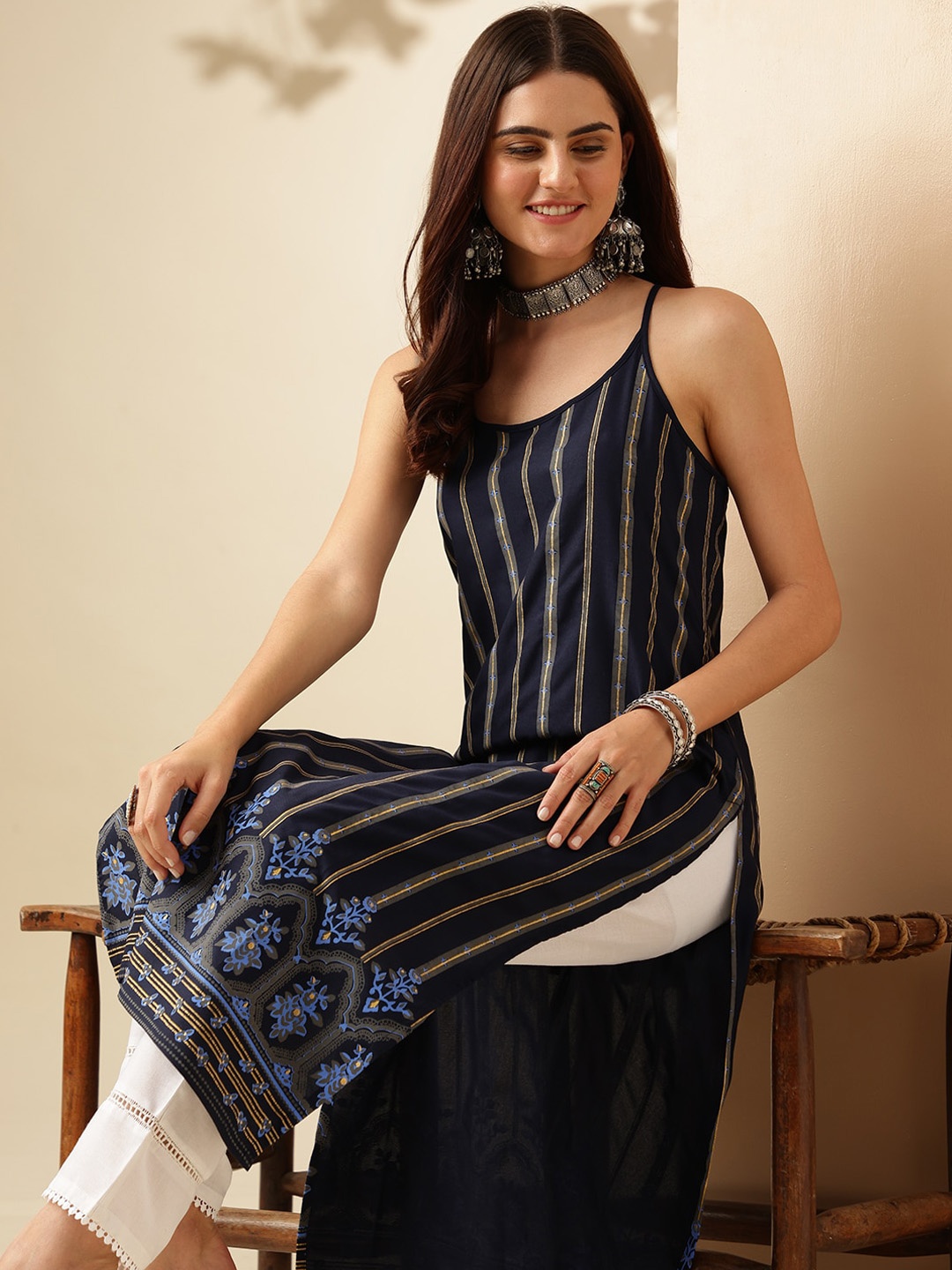 

Anouk Striped Sequinned Kurta, Navy blue