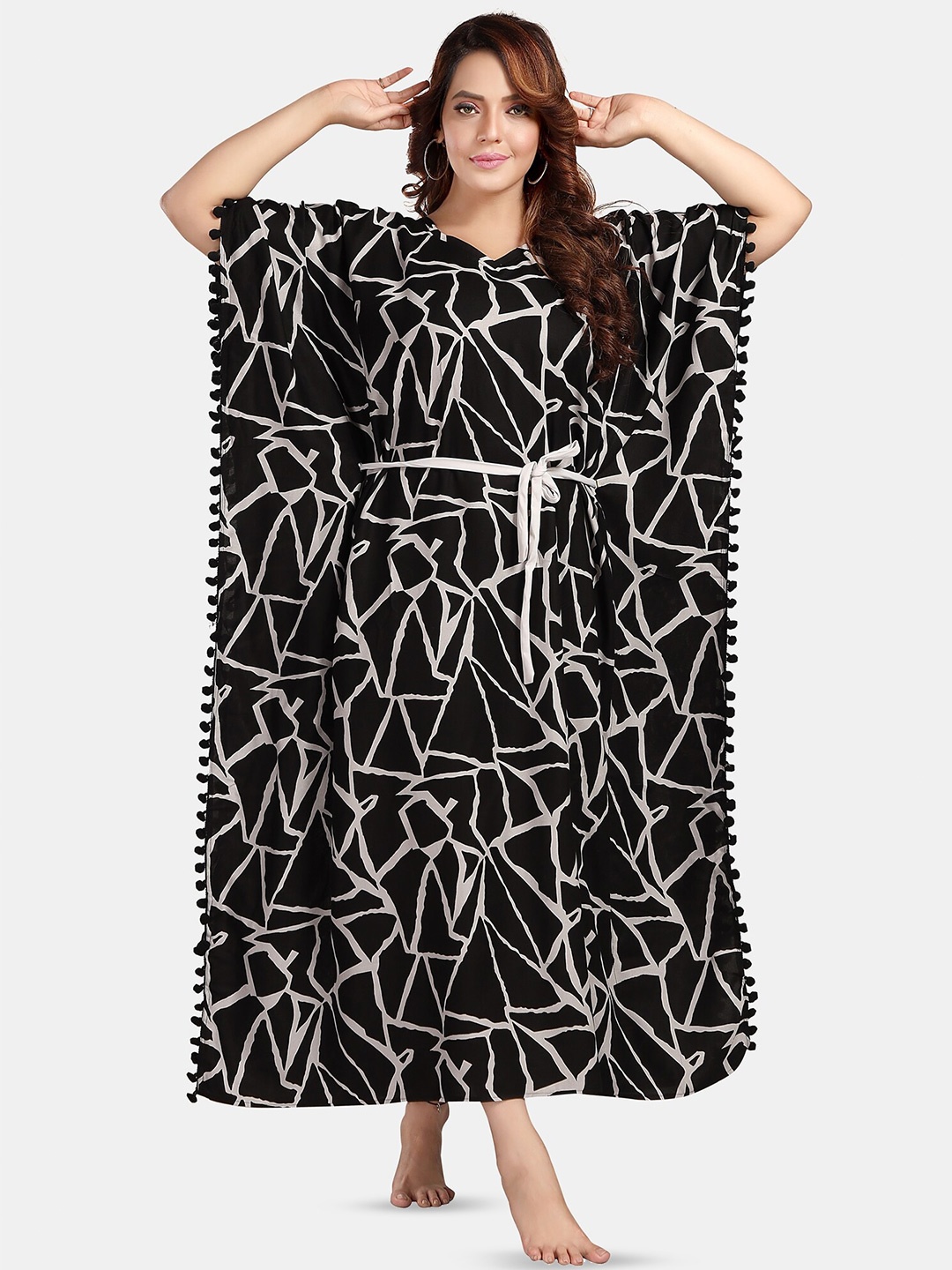 

Fabme Abstract Printed Maxi Kaftan Nightdress, Black