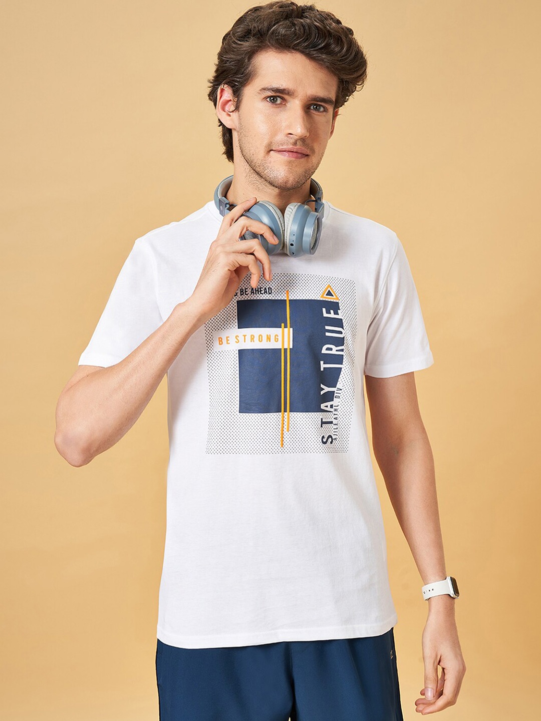 Ajile by Pantaloons Typography Printed Round Neck Short Sleeves Cotton Slim Fit T-shirt, White