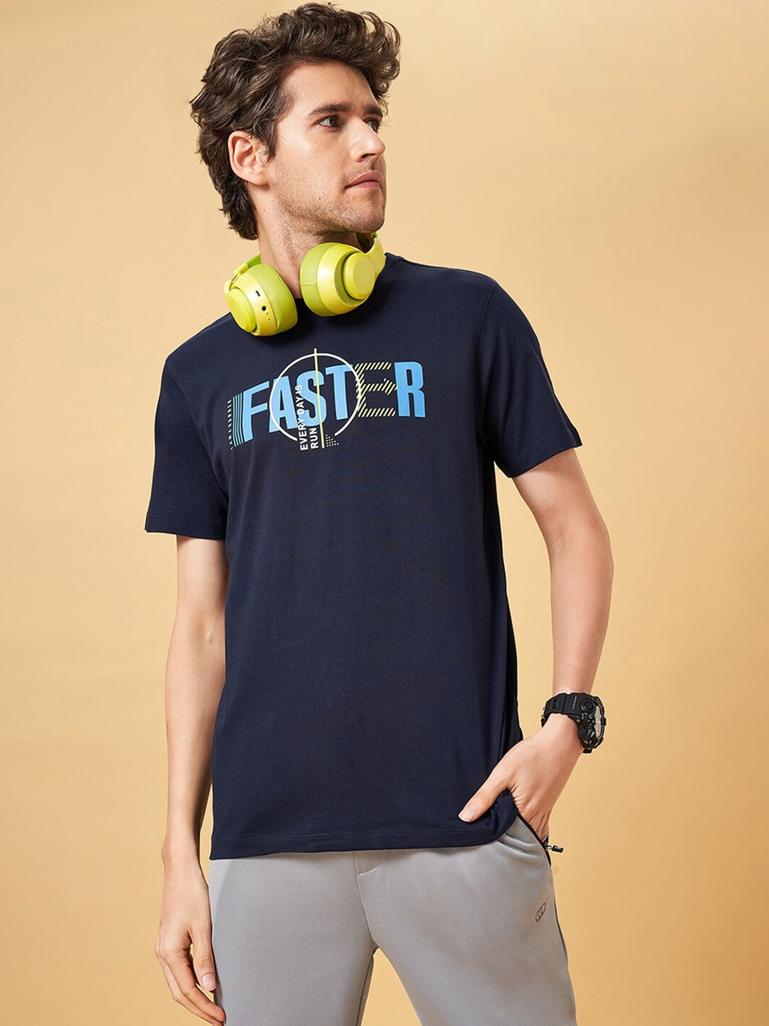 

Ajile by Pantaloons Typography Printed Round Neck Short Sleeves Cotton Slim Fit T-shirt, Blue