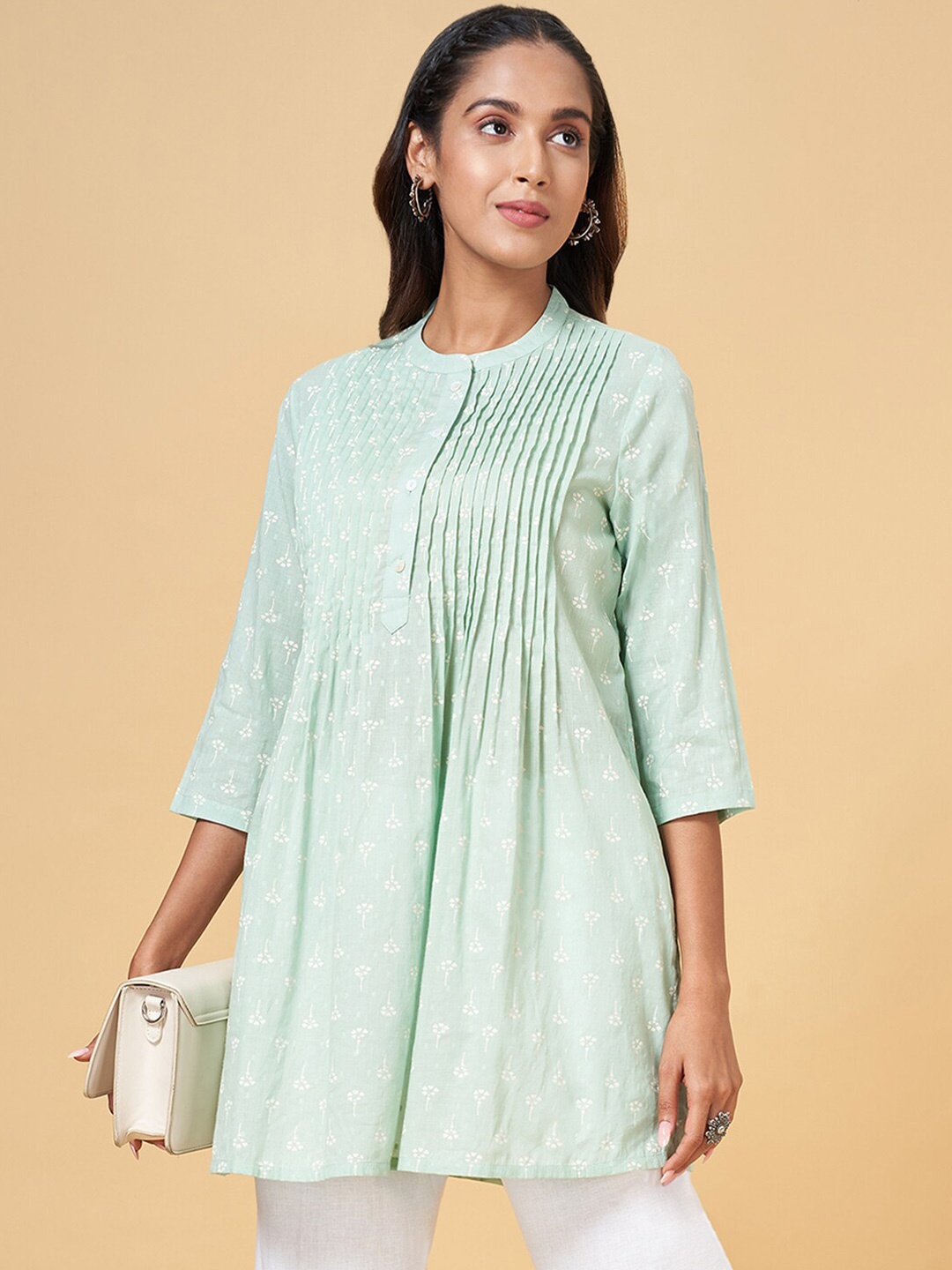 

RANGMANCH BY PANTALOONS Mandarin Collar Printed Pure Cotton Tunic, Green