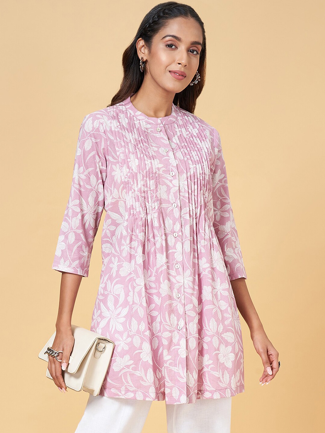 

RANGMANCH BY PANTALOONS Mandarin Collar Printed Pure Cotton Tunic, Lavender