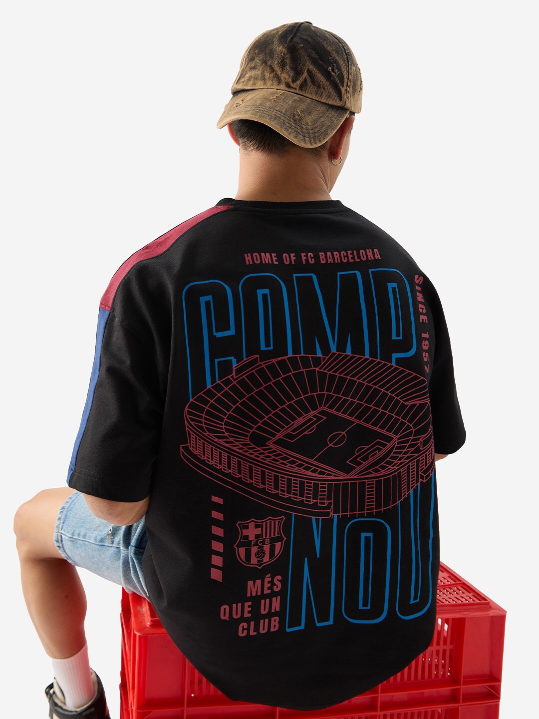 The Souled Store Graphic Printed Drop-Shoulder Sleeves Pure Cotton Oversized T-shirt, Black