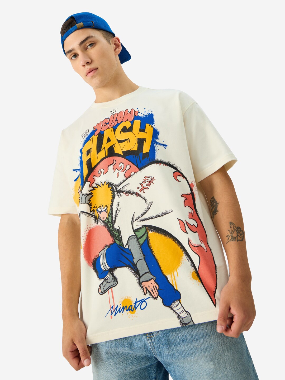 

The Souled Store Yellow Flash Printed Round Neck Cotton Oversized T-shirt, White